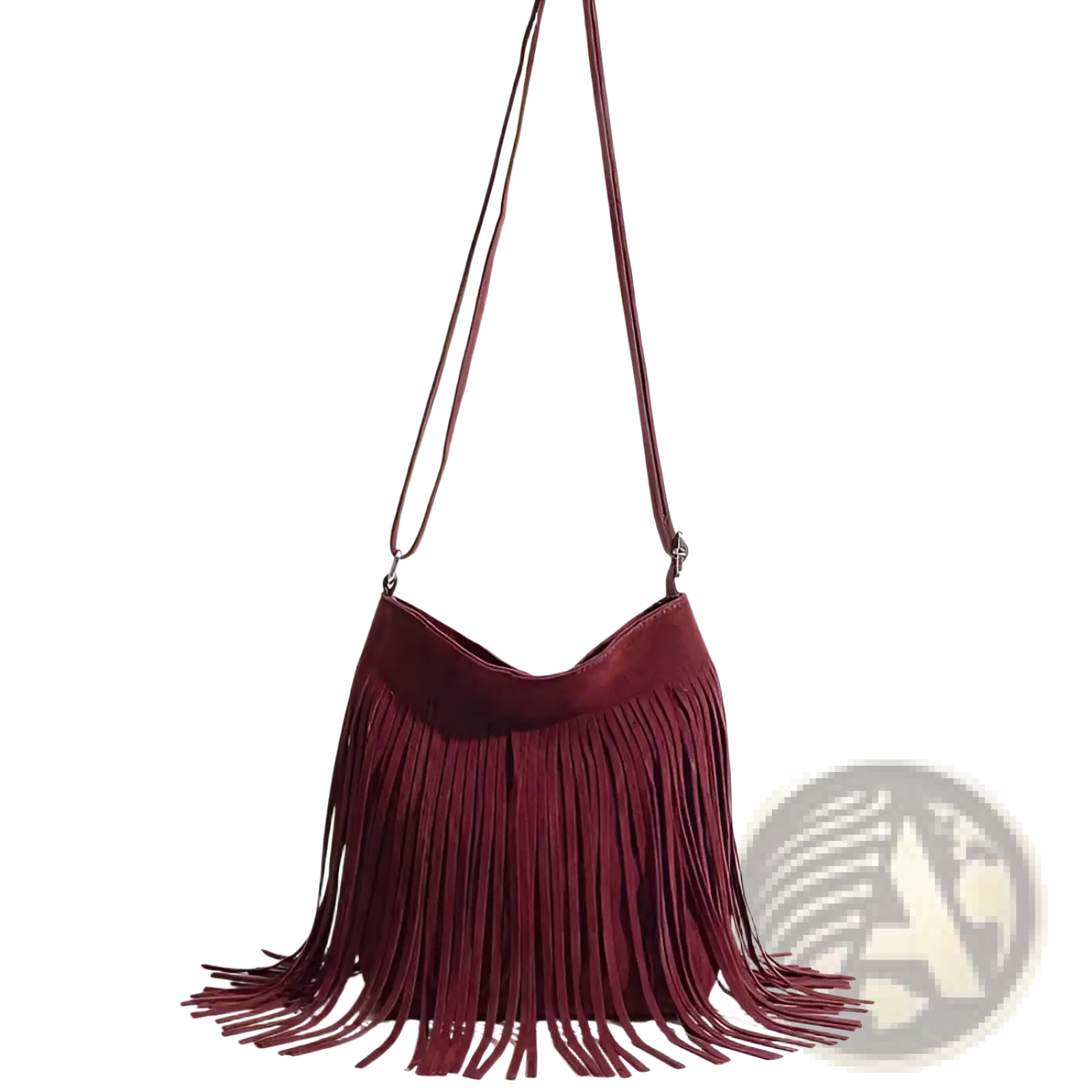 A maroon suede fringe crossbody bag with a long adjustable strap for artistic tassel canvas shoulder bag travel use