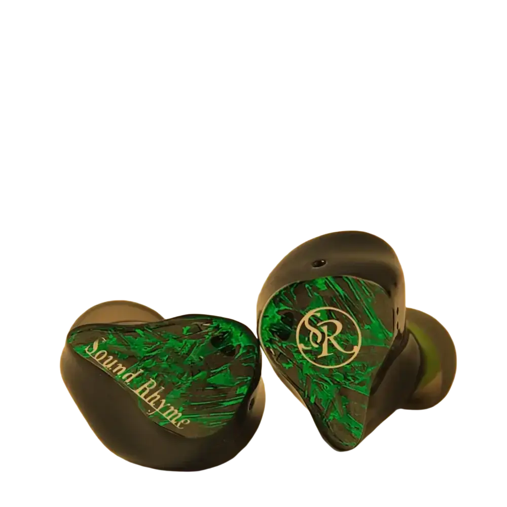 Artti Sr5s hybrid in-ear earphones with black and vibrant green 3D fluorescent balanced armature and gold sr logo