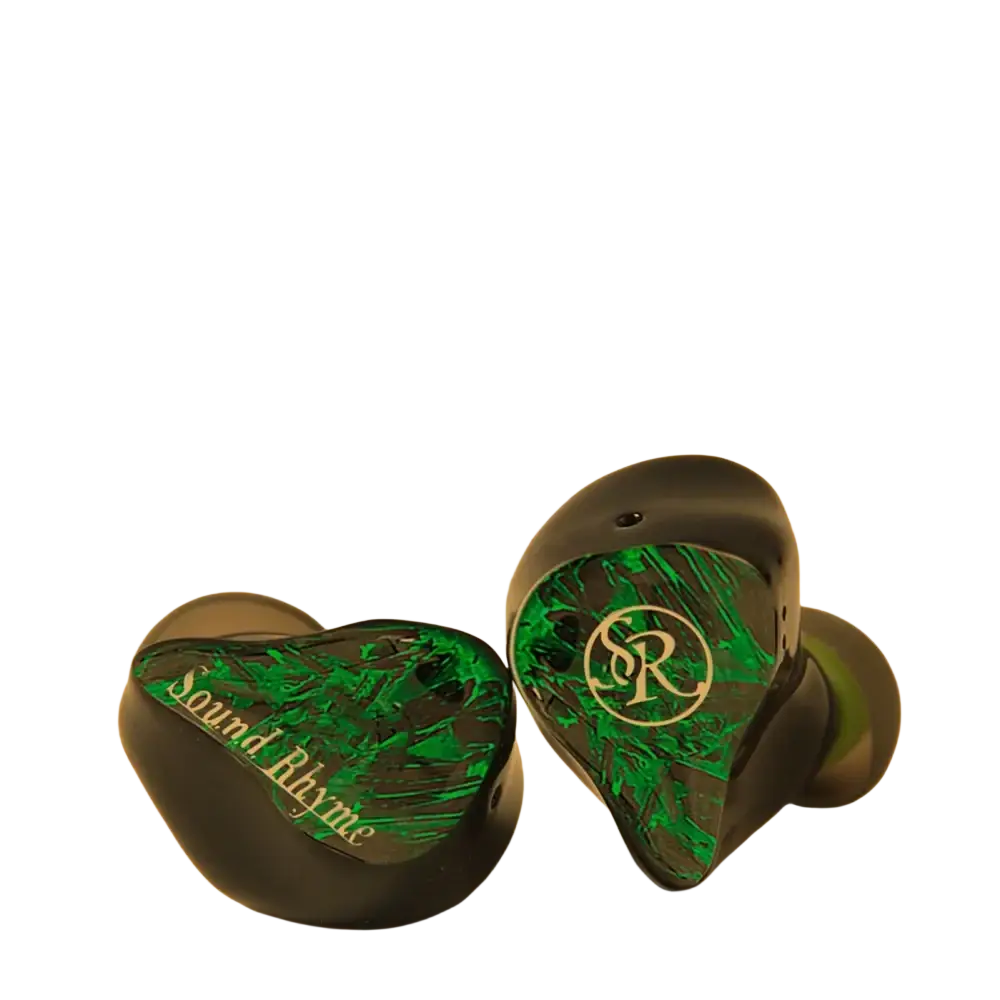 Artti Sr5s hybrid in-ear earphones with black and green fluorescent balanced armature and gold sr logo featuring single crystal copper