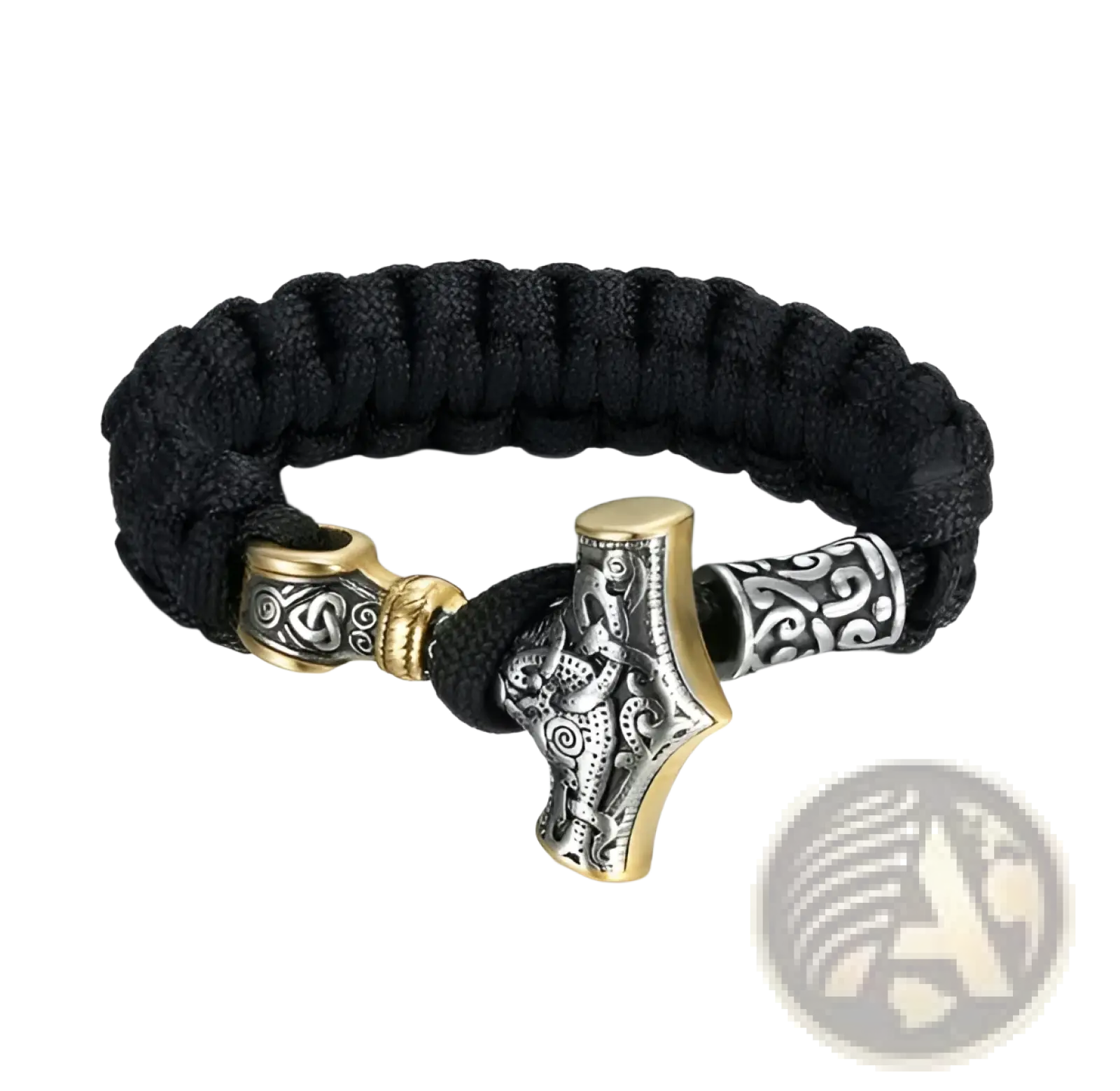 Black paracord bracelet with an engraved silver mjolnir charm featuring silver and gold-toned metallic accents
