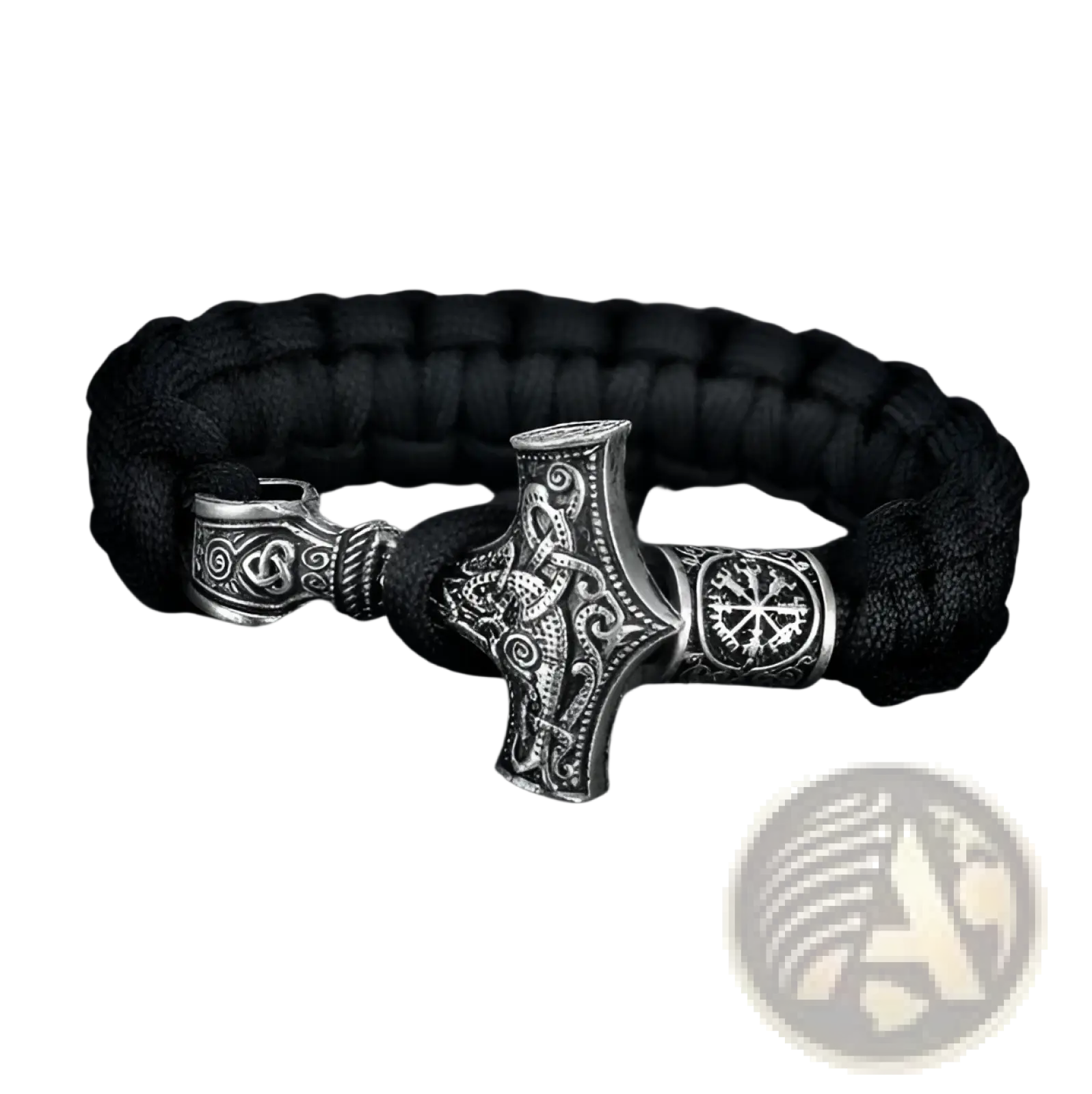 Black paracord bracelet with intricately engraved silver mjolnir hammer clasp from asgard collection