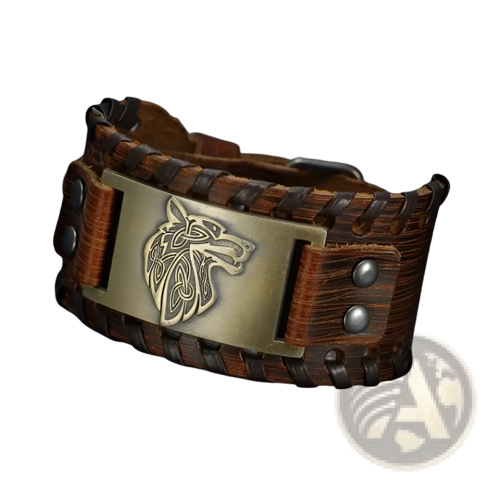 Asgard Fenrir Viking wolf braided leather wristband with brown leather and bronze metal plate engraving