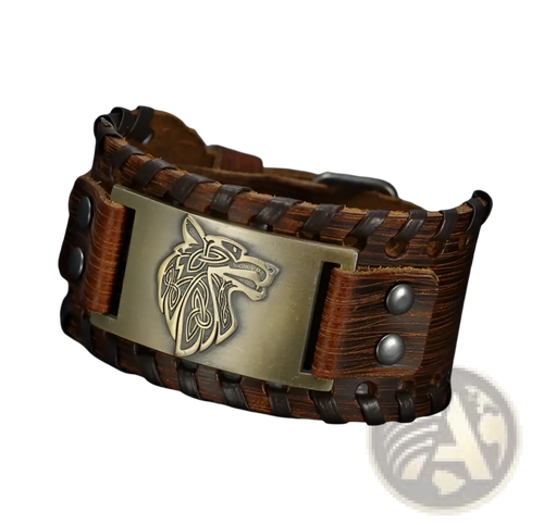 Asgard Fenrir Viking wolf braided leather wristband with brown leather and bronze metal plate engraving