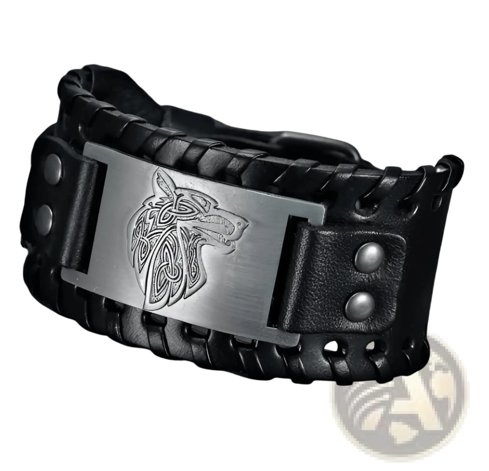 Black braided leather bracelet with silver rectangular plate engraved with Asgard Fenrir Viking wolf head design