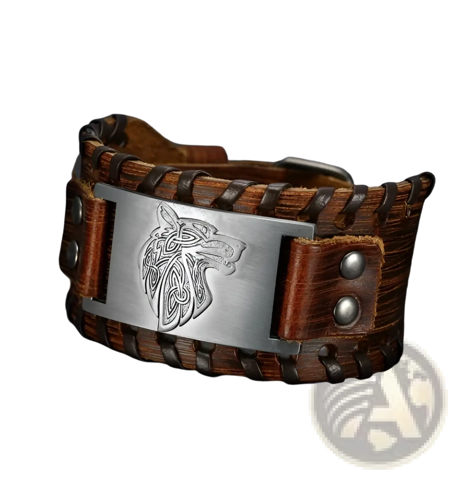 Asgard Fenrir Viking wolf braided leather buckle arm cuff with brown leather and silver-toned engraved wolf plate