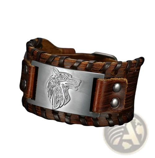 Asgard Fenrir Viking wolf braided leather buckle arm cuff with brown leather and silver-toned engraved wolf plate