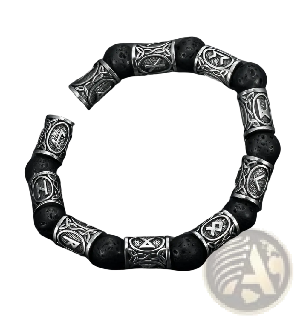 Asgard silver rune and black lava stone viking bracelet featuring silver-toned rune embossed metal beads