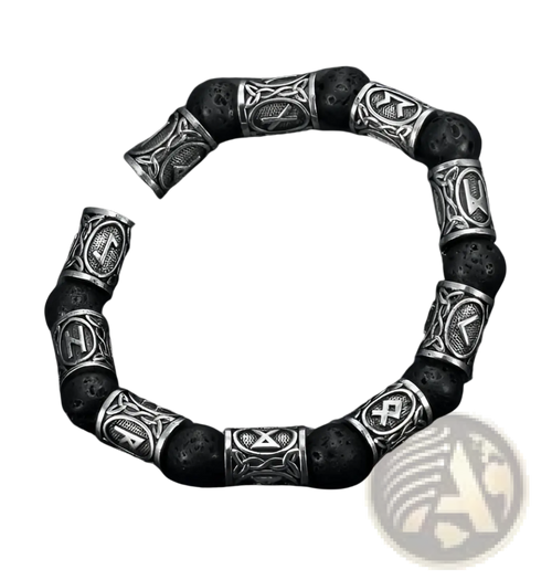 Asgard silver rune and black lava stone viking bracelet featuring silver-toned rune embossed metal beads