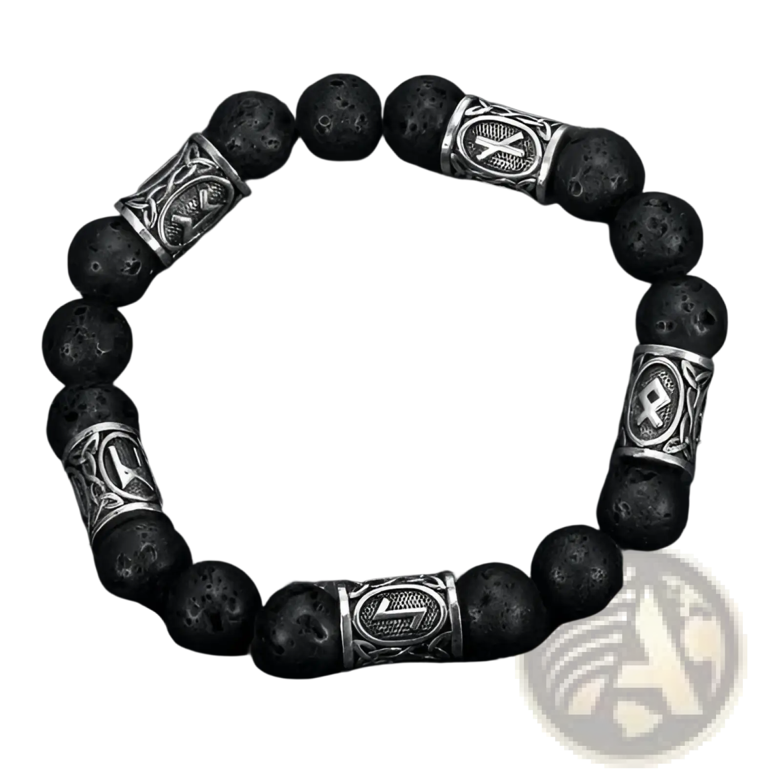 Asgard silver rune and black lava stone viking bracelet featuring black lava beads and silver-toned norse rune accents