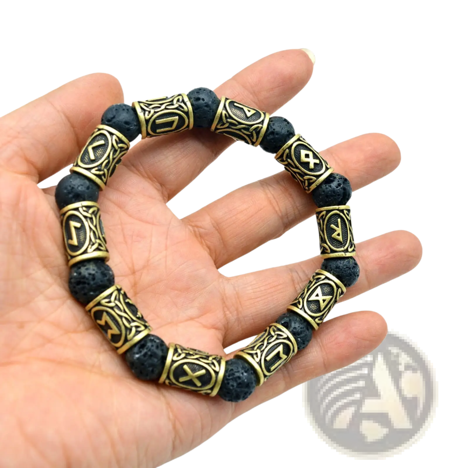 Asgard silver rune and black lava stone viking bracelet with gold-toned metal and intricate celtic knot designs