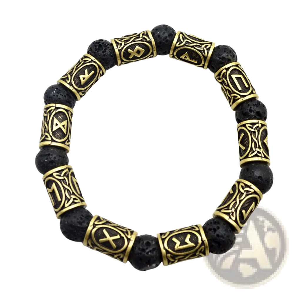 Asgard silver rune and black lava stone viking bracelet with gold-toned metal beads featuring norse rune designs