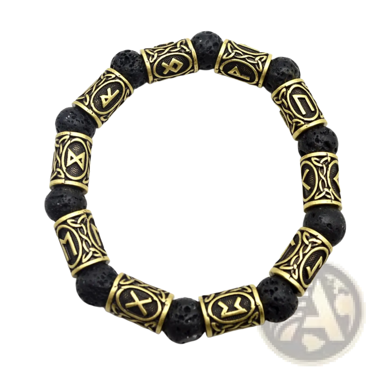 Asgard silver rune and black lava stone viking bracelet with gold-toned metal beads featuring norse rune designs