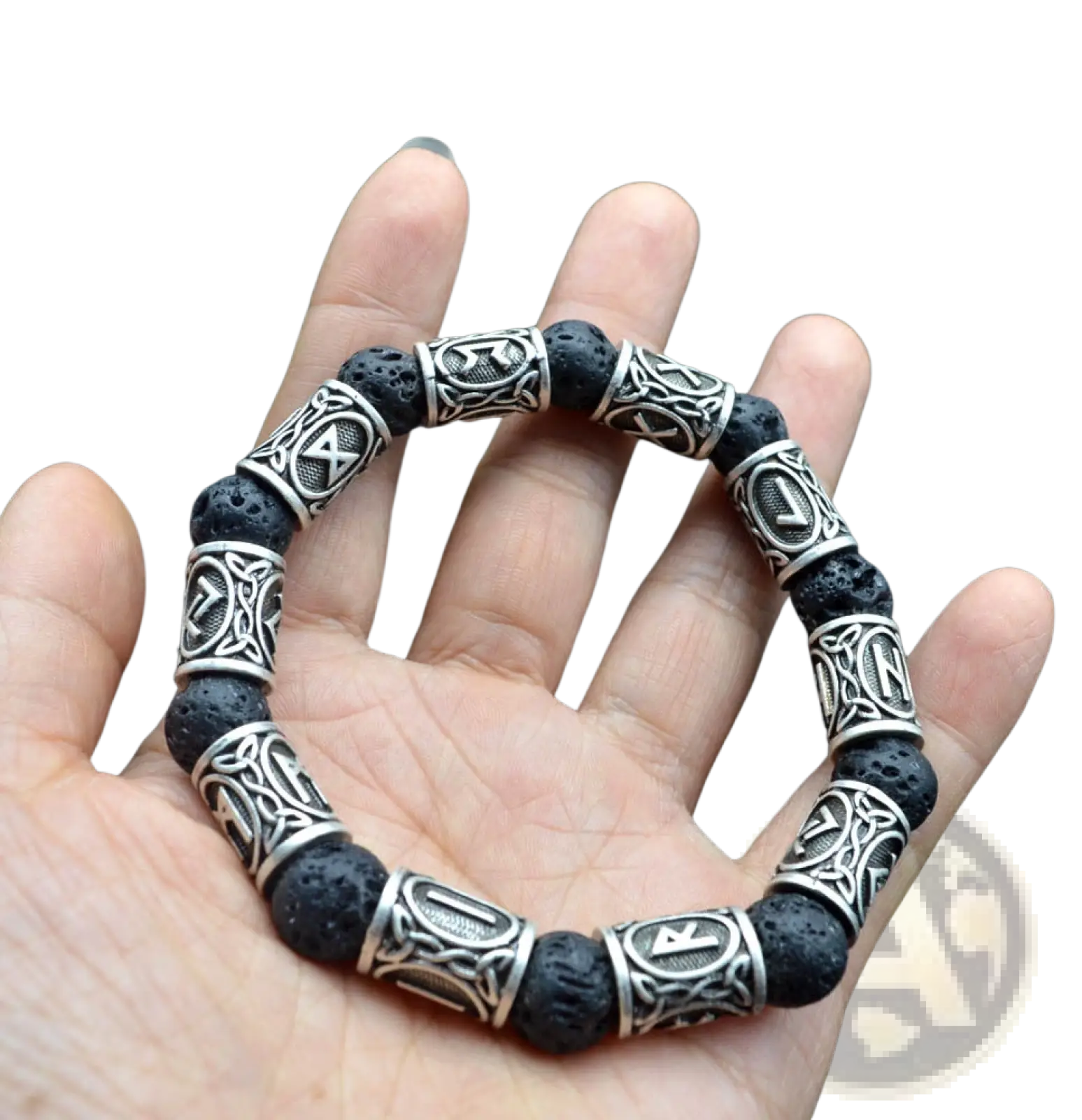 Asgard silver rune and black lava stone Viking bracelet featuring silver-toned beads with intricate Celtic knotwork designs