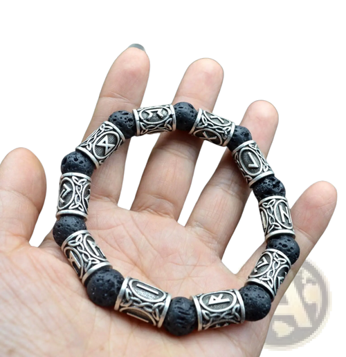 Asgard silver rune and black lava stone Viking bracelet featuring silver-toned beads with intricate Celtic knotwork designs