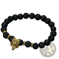 Asgard wolf head lava stone bracelet with black lava beads gold-toned wolf head charm and brass spacer beads