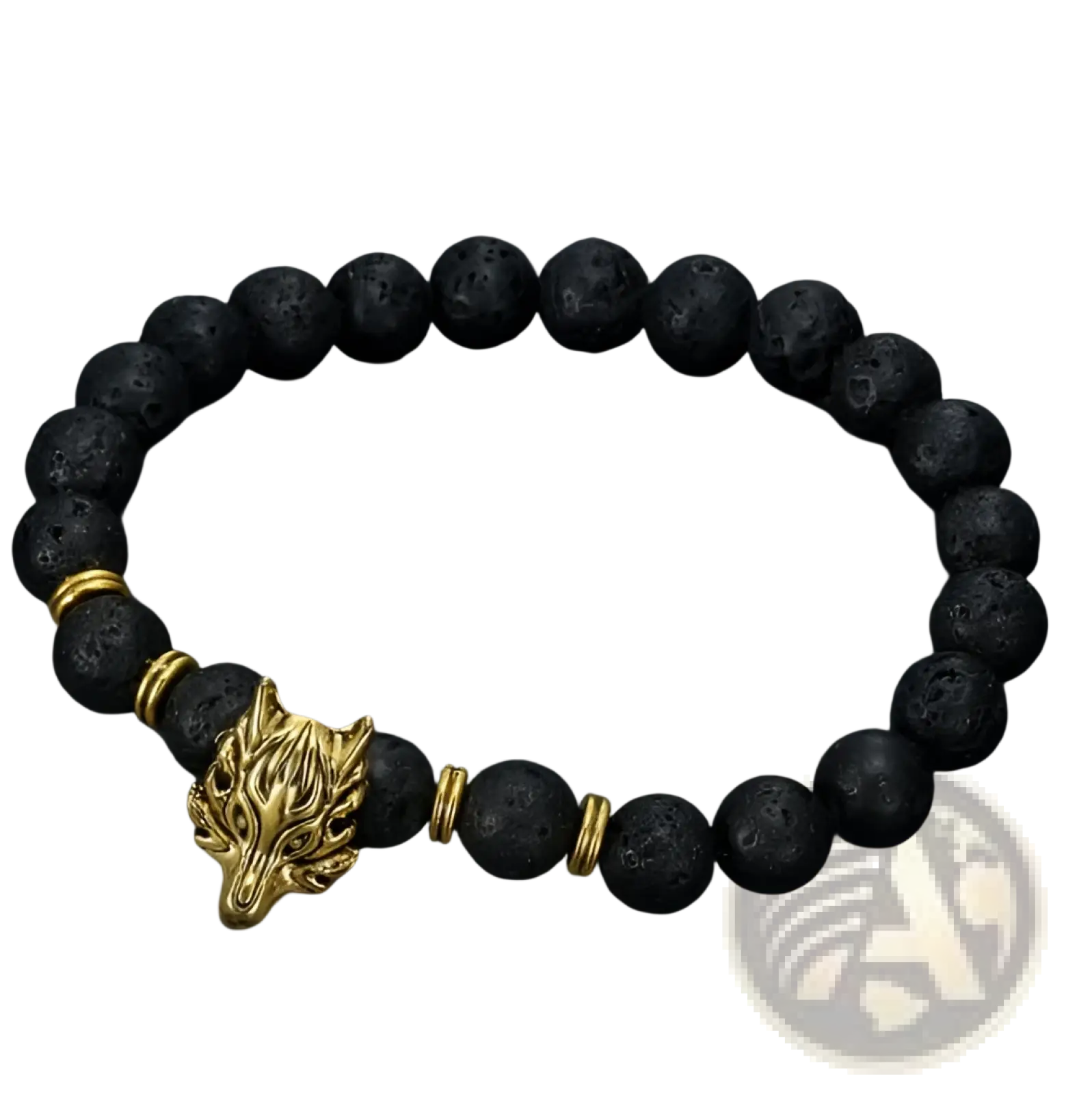 Asgard wolf head lava stone bracelet with black lava beads gold-toned wolf head charm and brass spacer beads