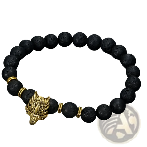 Asgard wolf head lava stone bracelet with black lava beads gold-toned wolf head charm and brass spacer beads