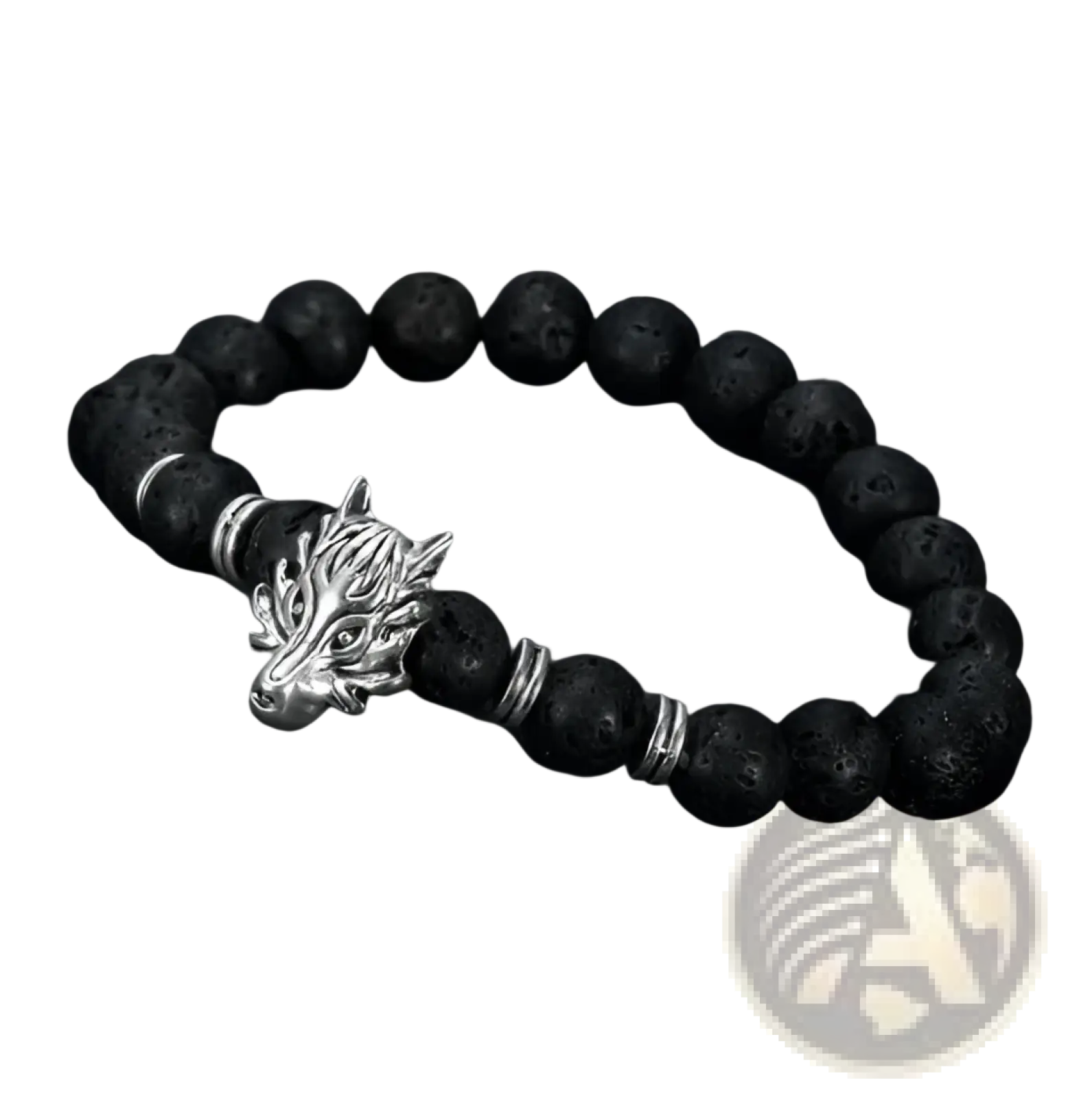 Asgard wolf head lava stone bracelet featuring black lava beads silver wolf head charm and metallic spacer beads