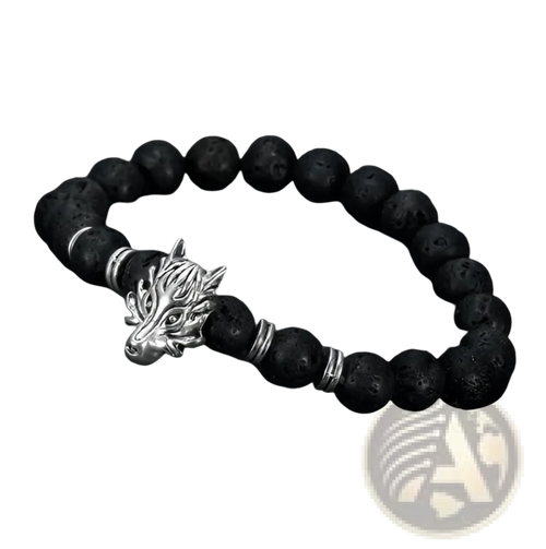 Asgard wolf head lava stone bracelet featuring black lava beads silver wolf head charm and metallic spacer beads