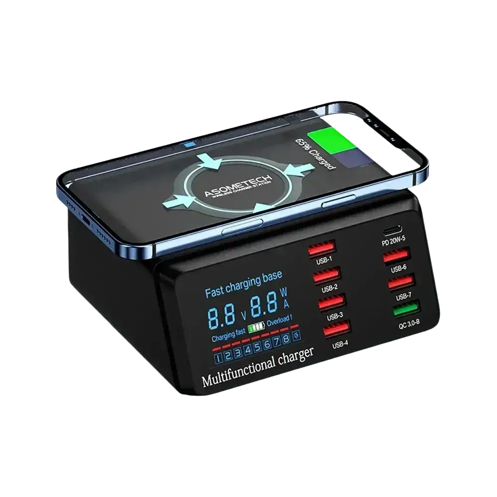 Black asometech 100w usb charger station with multifunctional fast charging base digital display and multiple usb ports