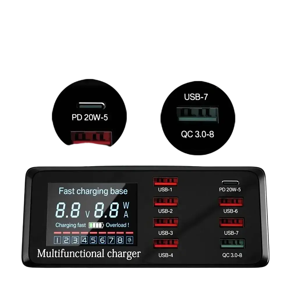 Black multifunctional asometech 100w usb charger station with digital display and quick charge usb ports