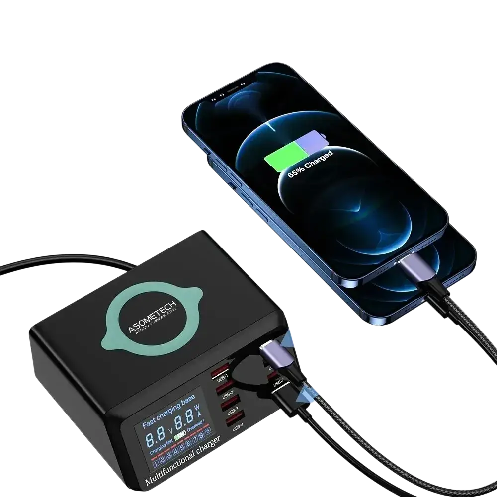 Black asometech 100w usb charger station with digital display and multiple usb ports for quick charge use
