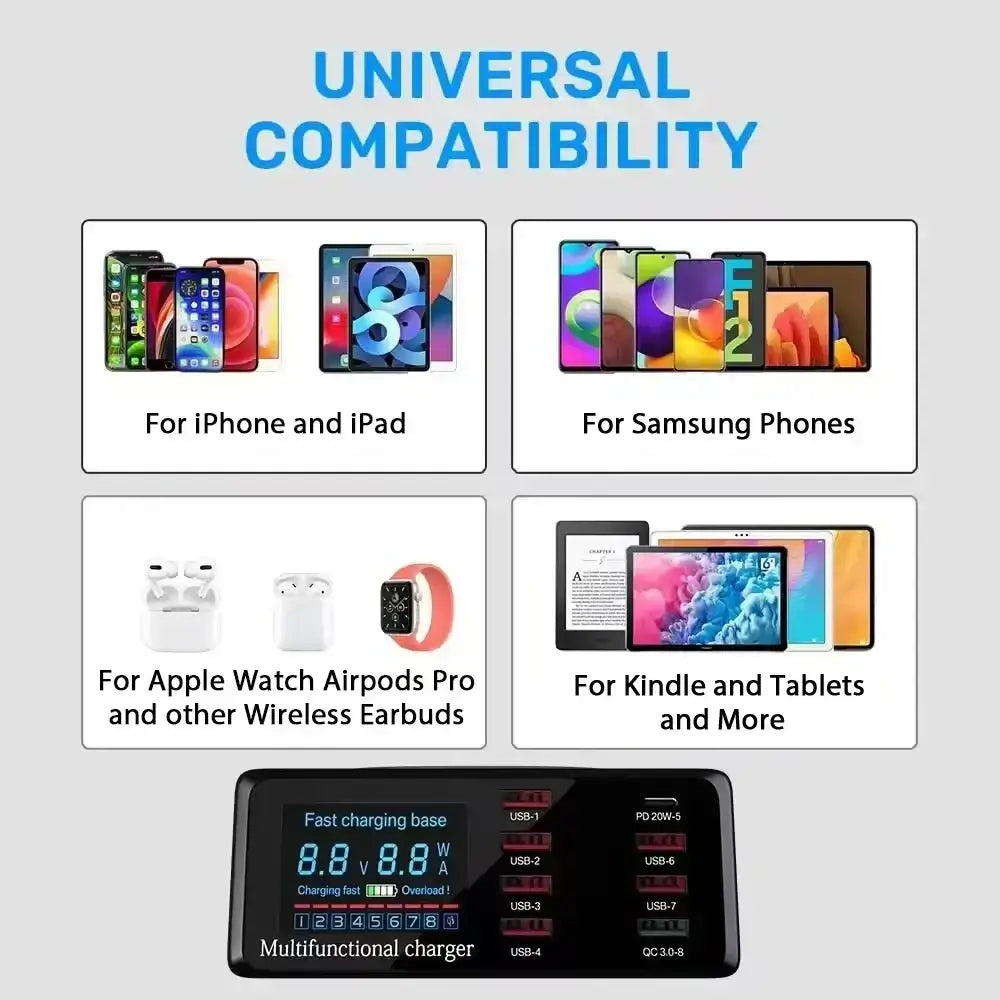 Black asometech 100w usb charger station with digital display and quick charge multiple usb ports for efficient charging