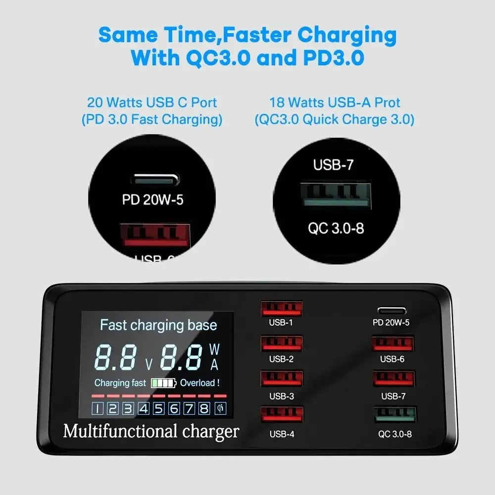 Black asometech 100w usb charger station with quick charge digital display screen and multiple usb ports including pd and qc