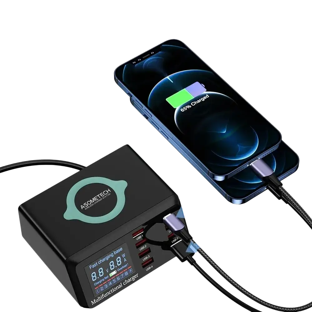 Black asometech 100w multifunctional usb charger station with quick charge and digital display screen wireless charging pad