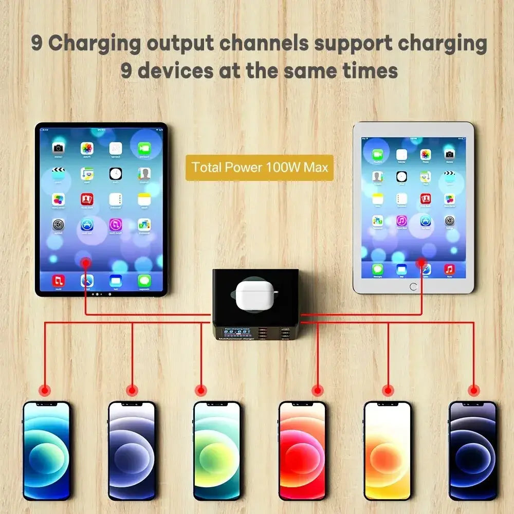 Asometech black rectangular multi-device quick charge USB charger station with digital display powering eight devices
