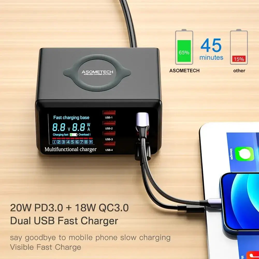 Black asometech 100w usb charger station with digital display screen and quick charge four usb ports multifunctional charger