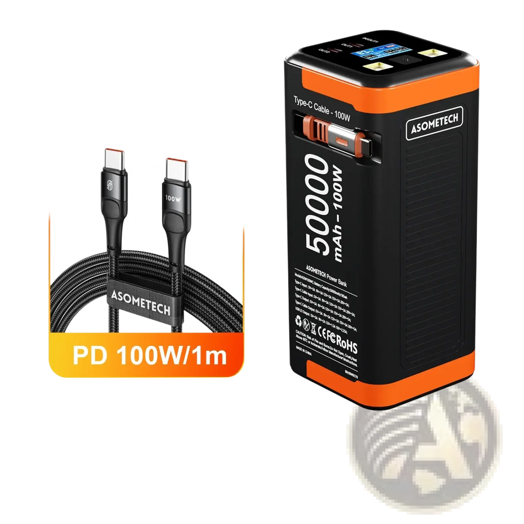 Black and orange asometech 50000mah 100w fast charging power bank with solar panel design for portable use