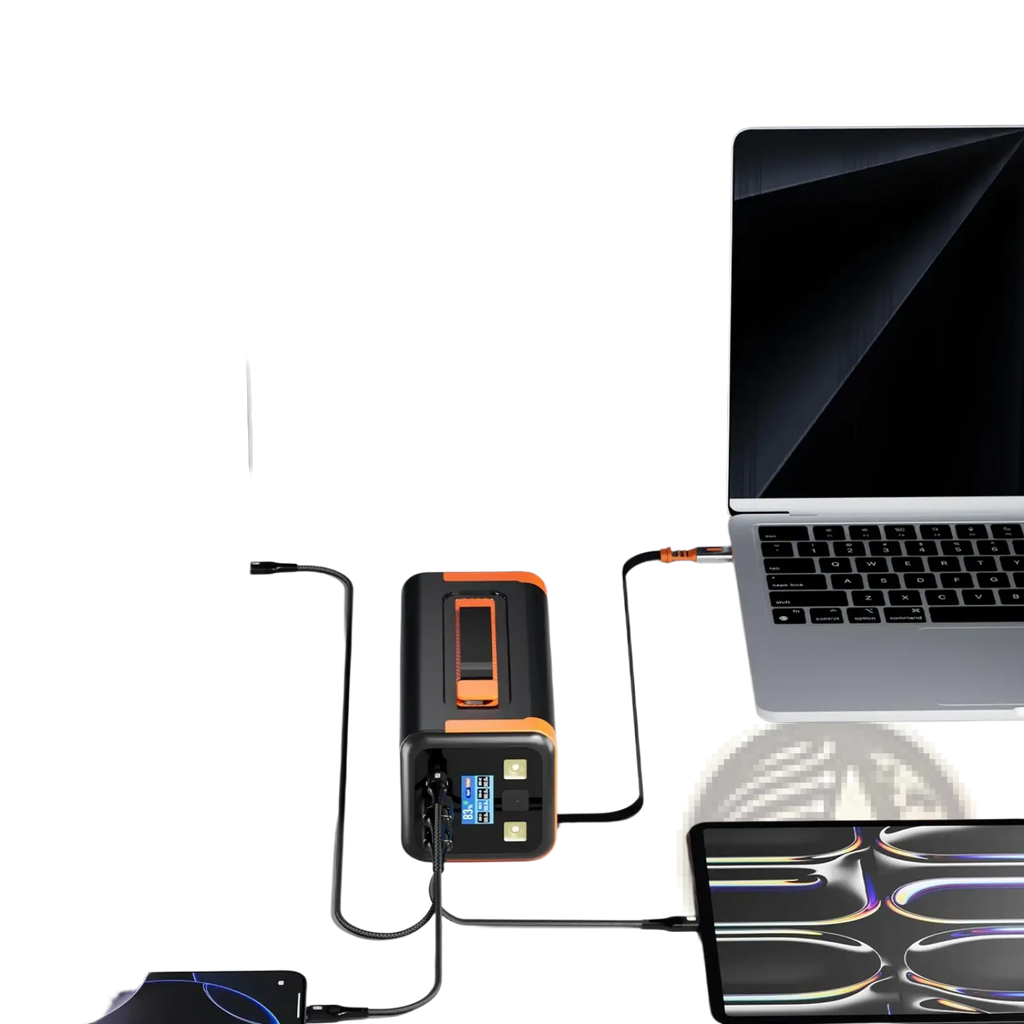 Asometech black and orange portable power station with 50000mAh capacity and 4 usb fast charging outputs