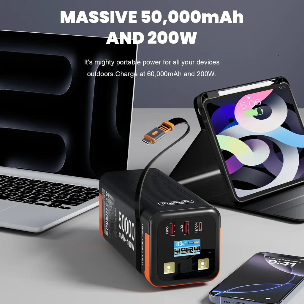 Asometech black and orange portable power bank with 50000mah capacity and 200w fast charging output