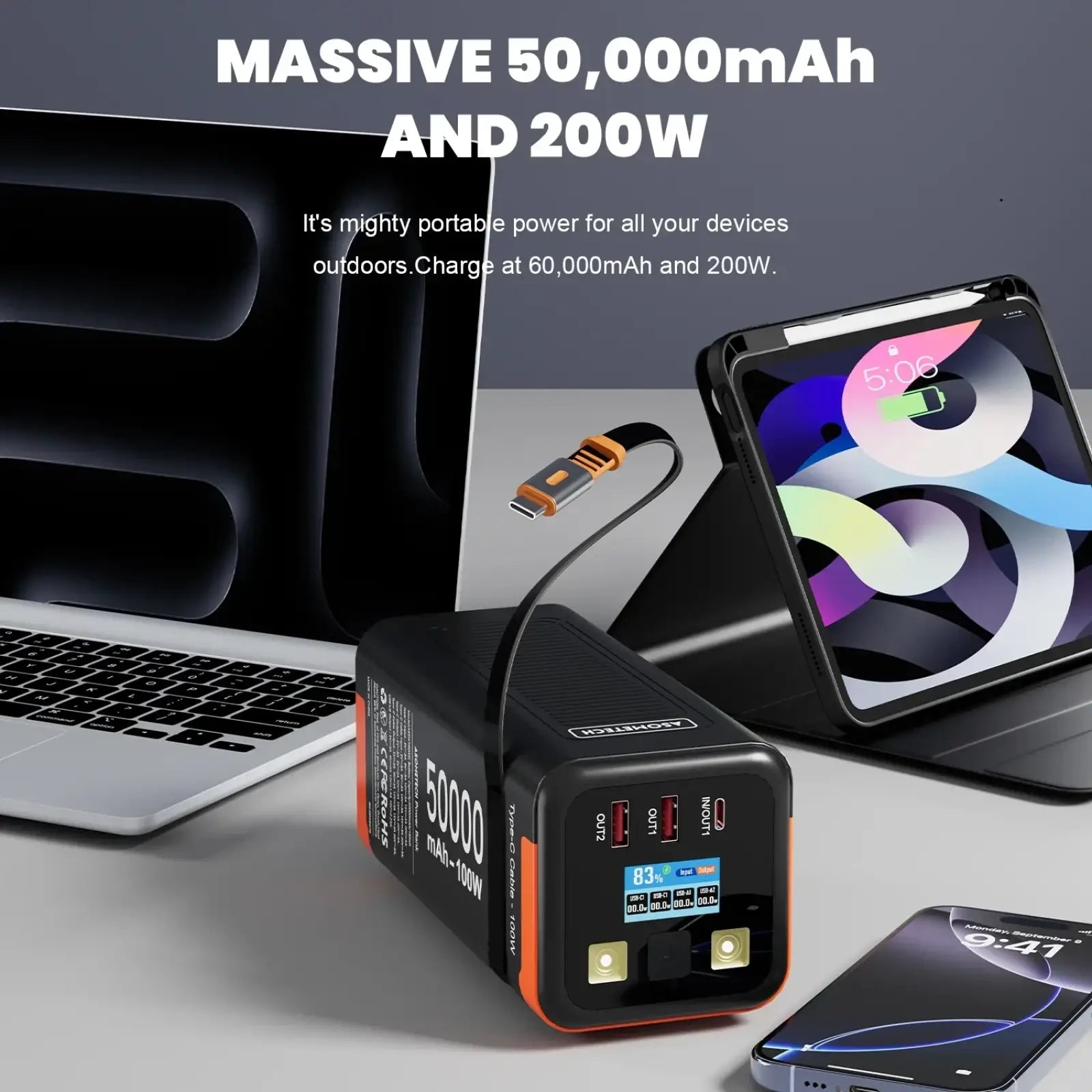 Asometech black and orange portable power bank with 50000mah capacity and 200w fast charging output