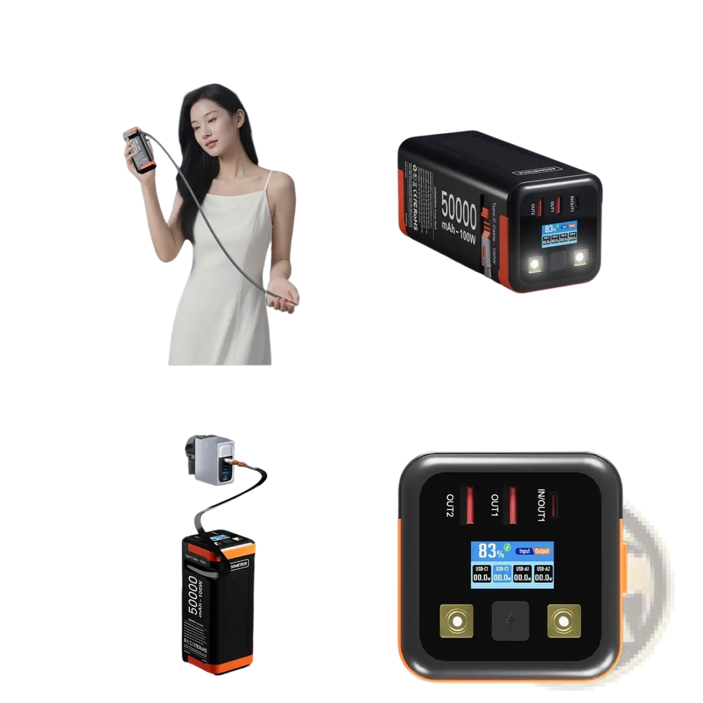 Asometech 50000mah 100w fast charging power bank in black and orange with digital display usb-c and dual flashlights