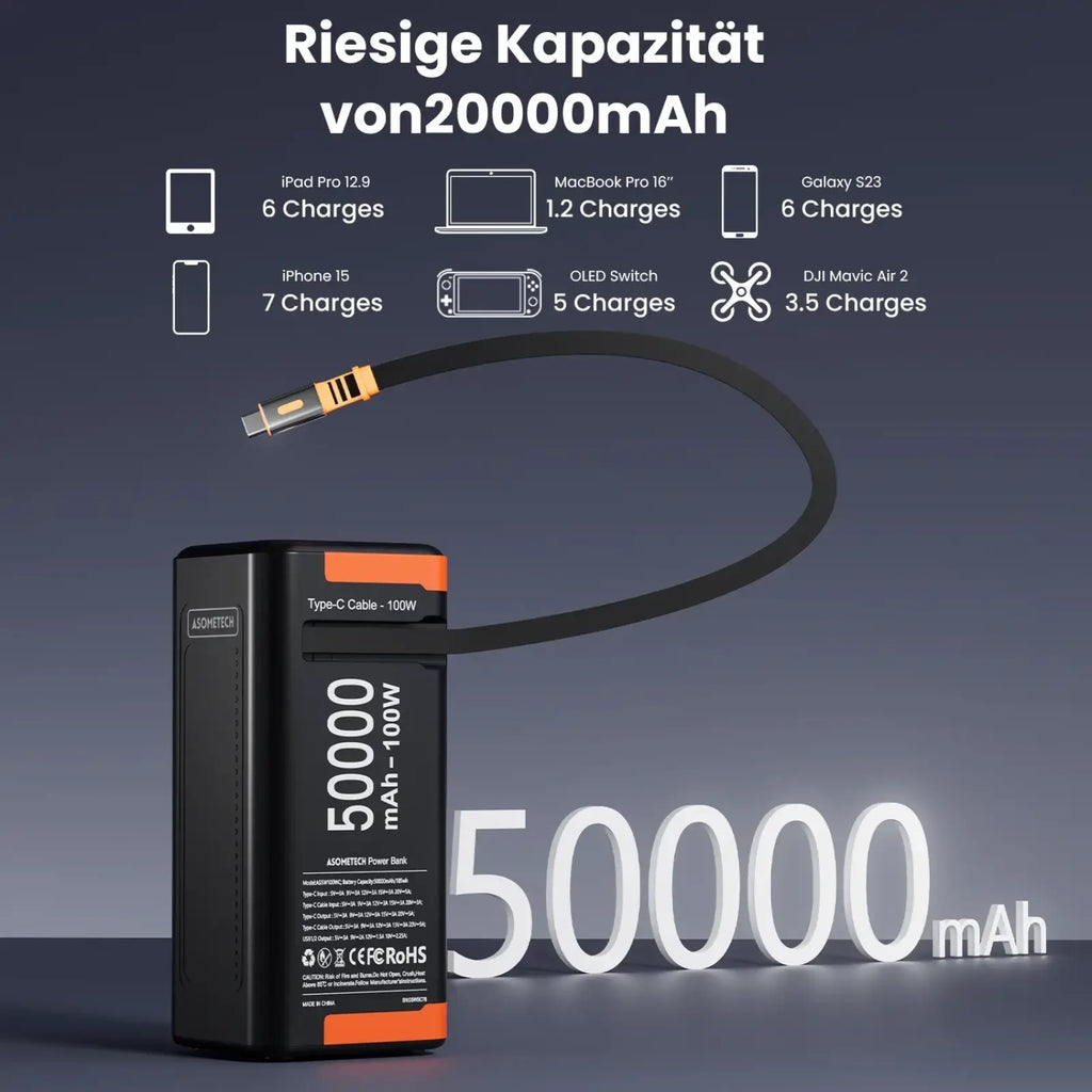 Black and orange asometech 50000mah 100w fast charging power bank with type-c cable for portable device charging