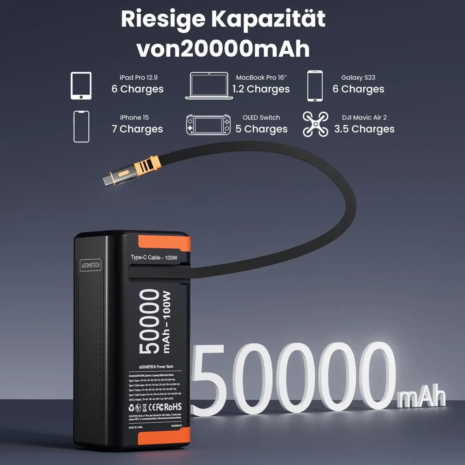 Black and orange asometech 50000mah 100w fast charging power bank with type-c cable for portable device charging