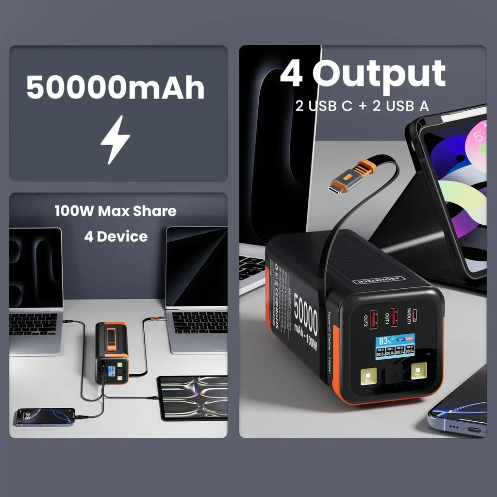 Asometech black and orange 5000mah portable power bank with four usb ports including two usb-c and two usb-a connectors