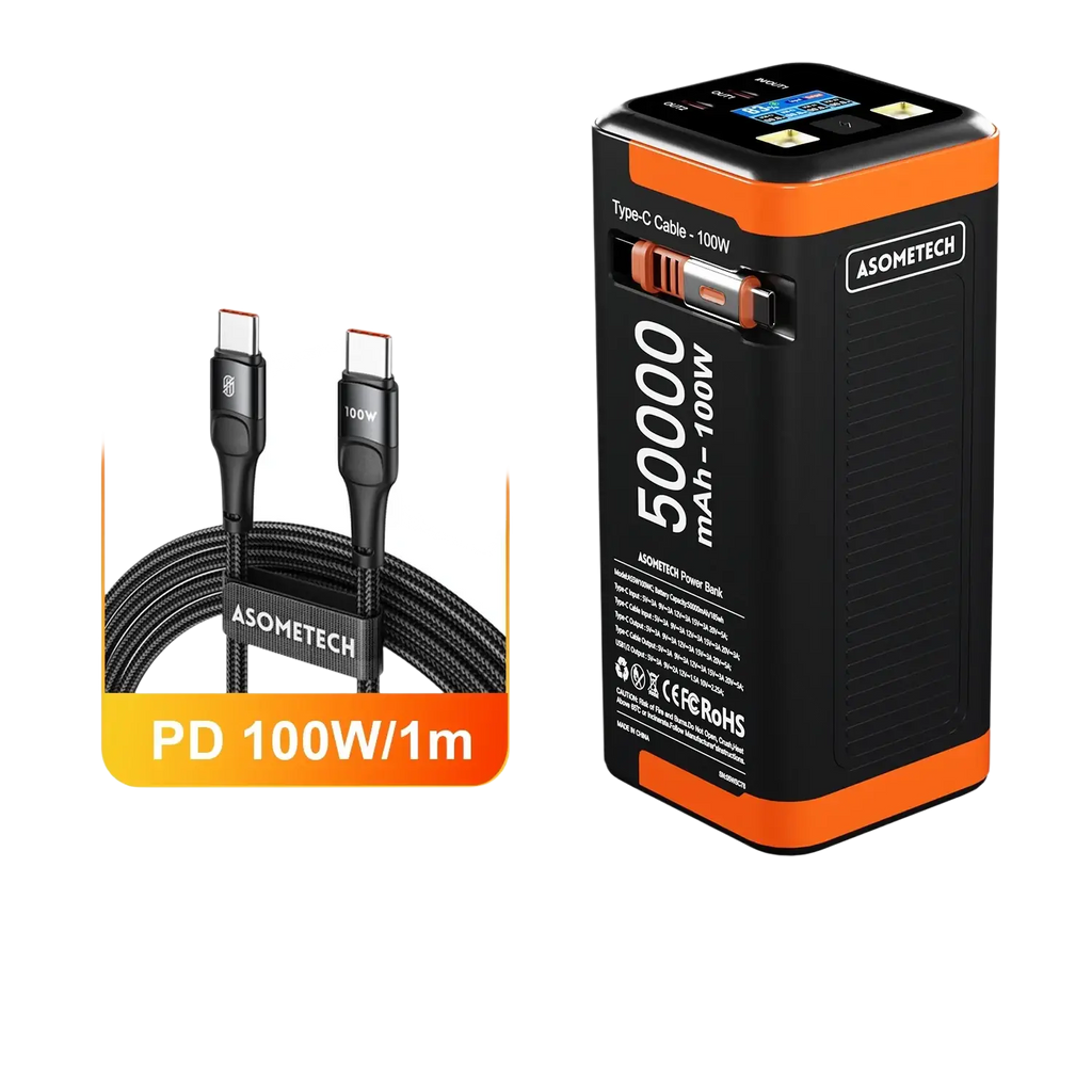 Black and orange asometech 50000mah 100w fast charging power bank with solar panel design for portable use