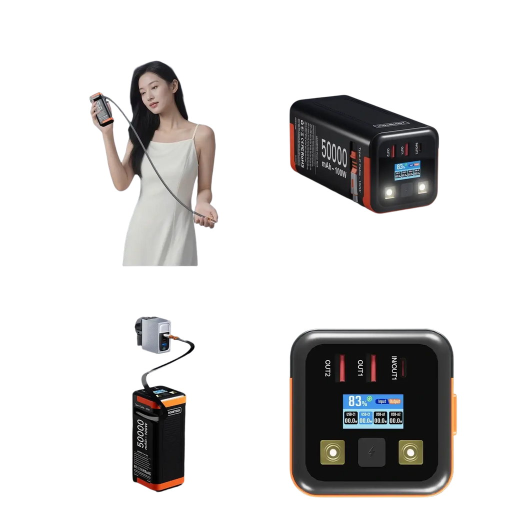 Asometech 50000mah 100w fast charging power bank in black and orange with digital display usb-c and dual flashlights