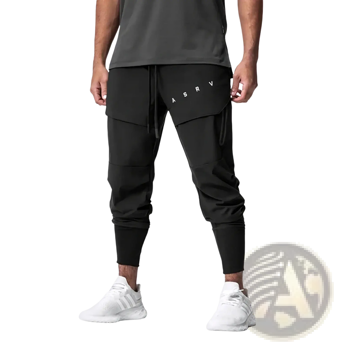 Black asrv cargo joggers men quick dry sports pants with sleek modern design and subtle white lettering on the side