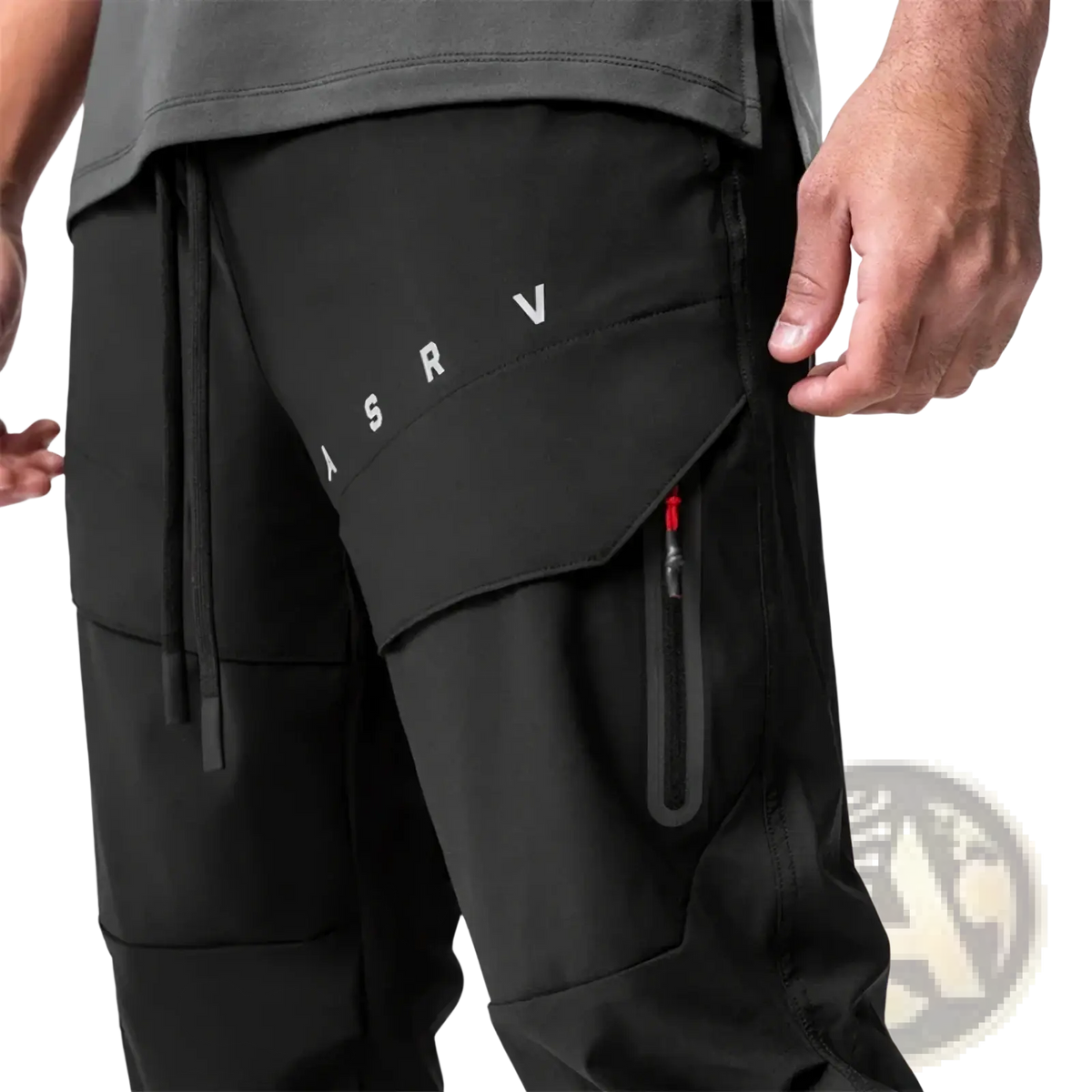 Black asrv cargo joggers for men featuring quick dry fabric multiple pockets and subtle white branding on the thigh