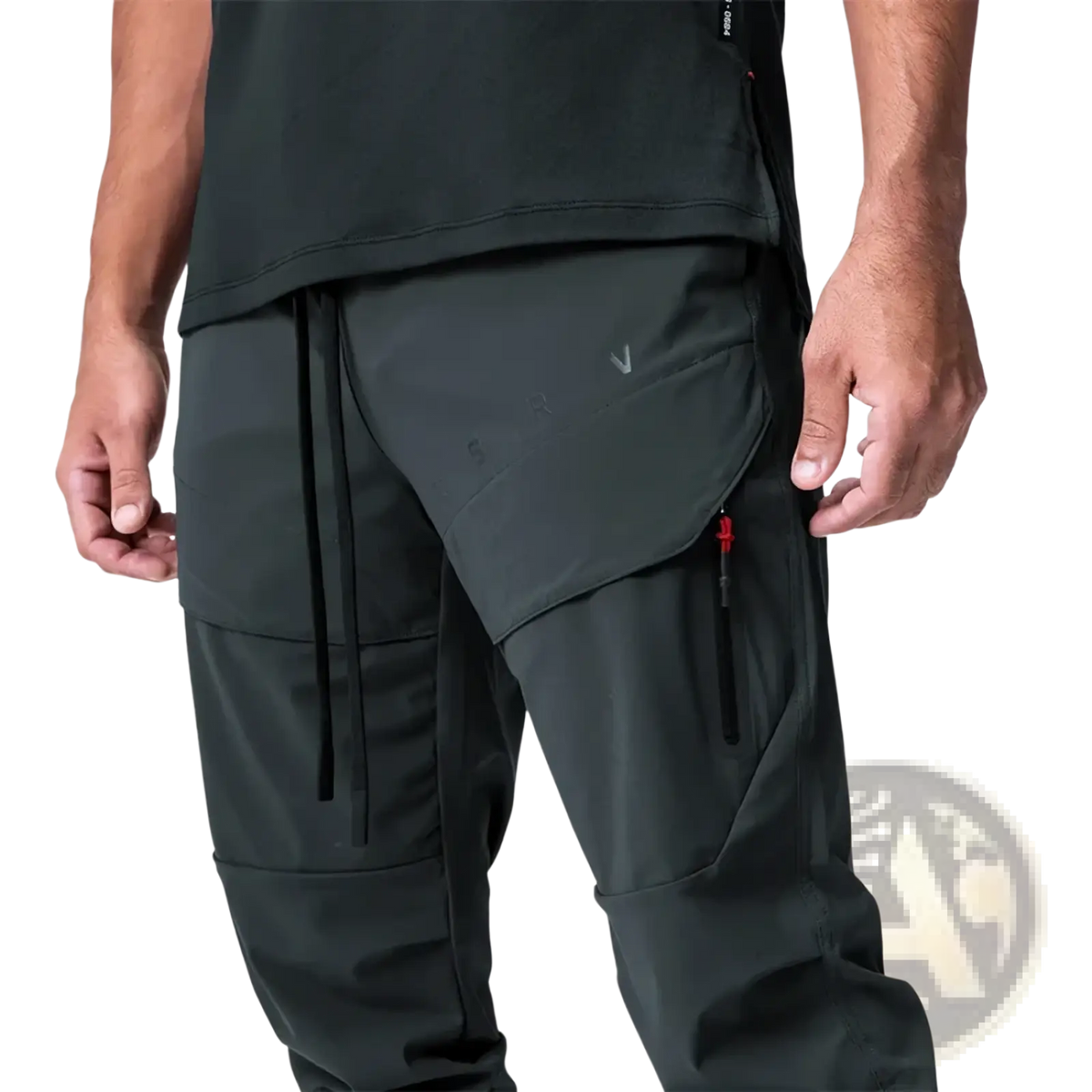 Dark gray asrv cargo joggers men quick dry sports pants with red zipper pulls and white logo on the thigh