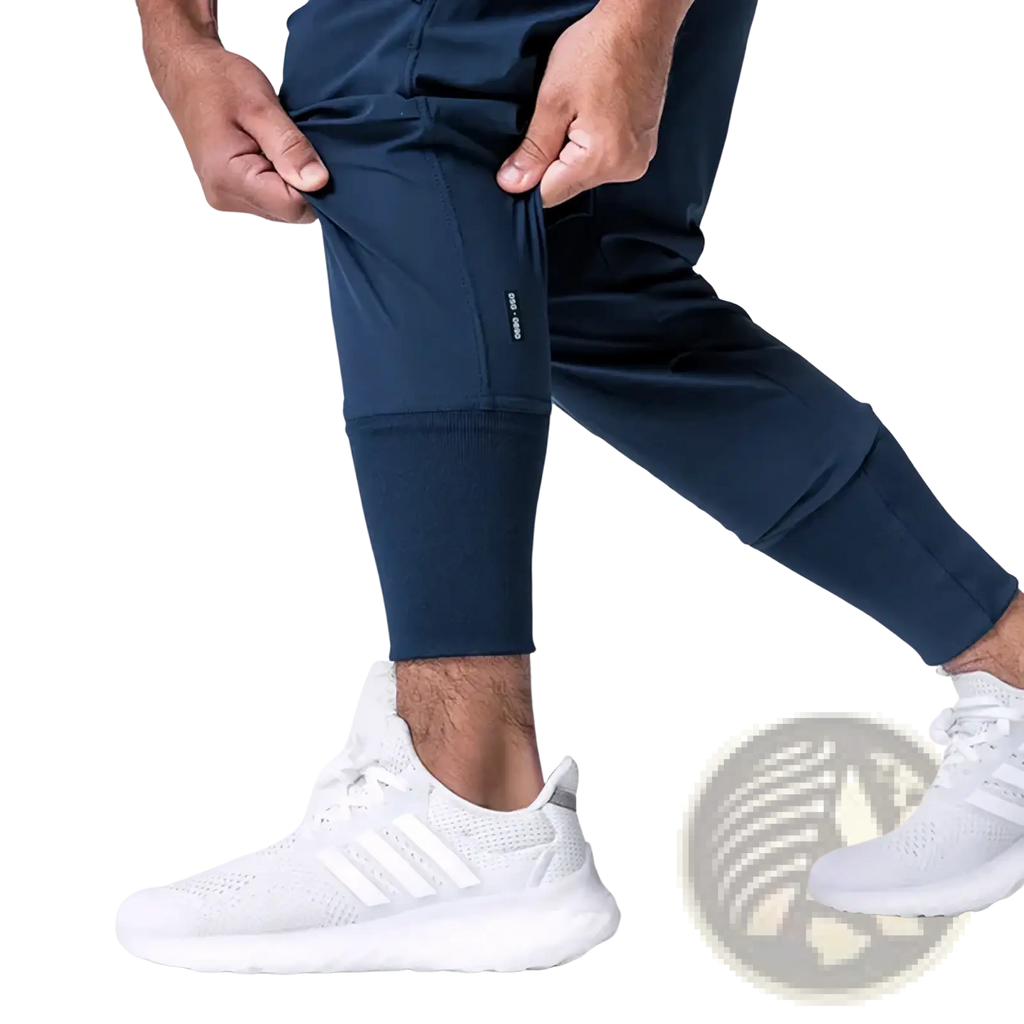 Navy blue asrv cargo joggers men quick dry sports pants with ribbed cuff and subtle side seam branding