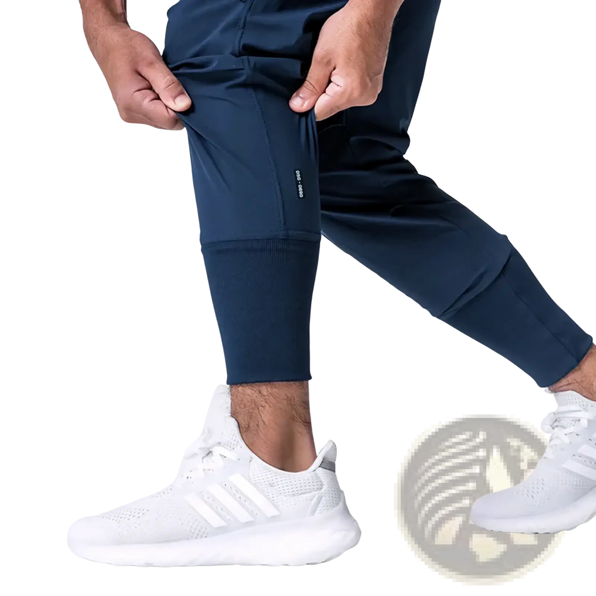 Navy blue asrv cargo joggers men quick dry sports pants with ribbed cuff and subtle side seam branding