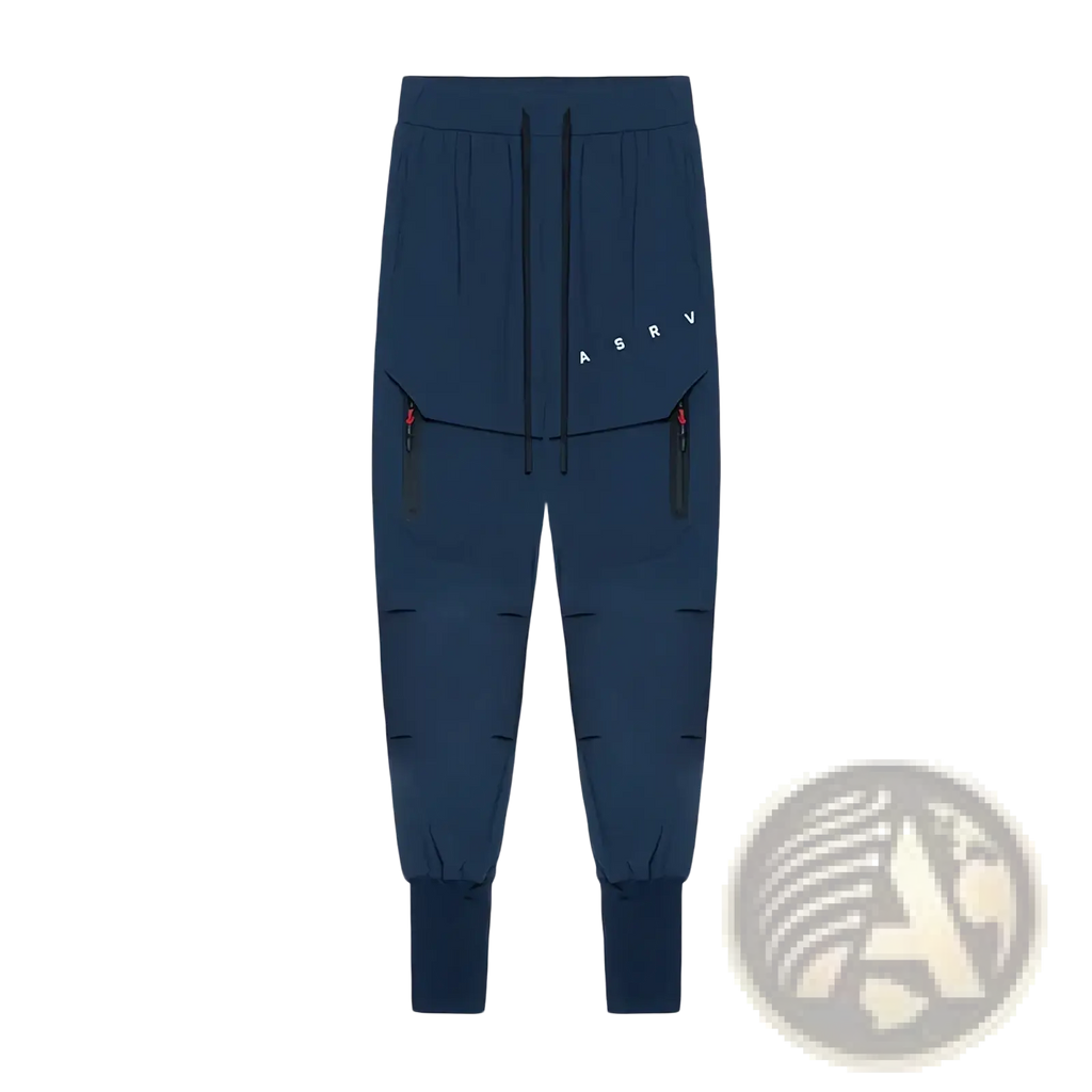 Navy blue Asrv cargo joggers for men with black drawstrings red zipper pulls quick dry sports pants
