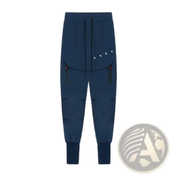 Navy blue Asrv cargo joggers for men with black drawstrings red zipper pulls quick dry sports pants