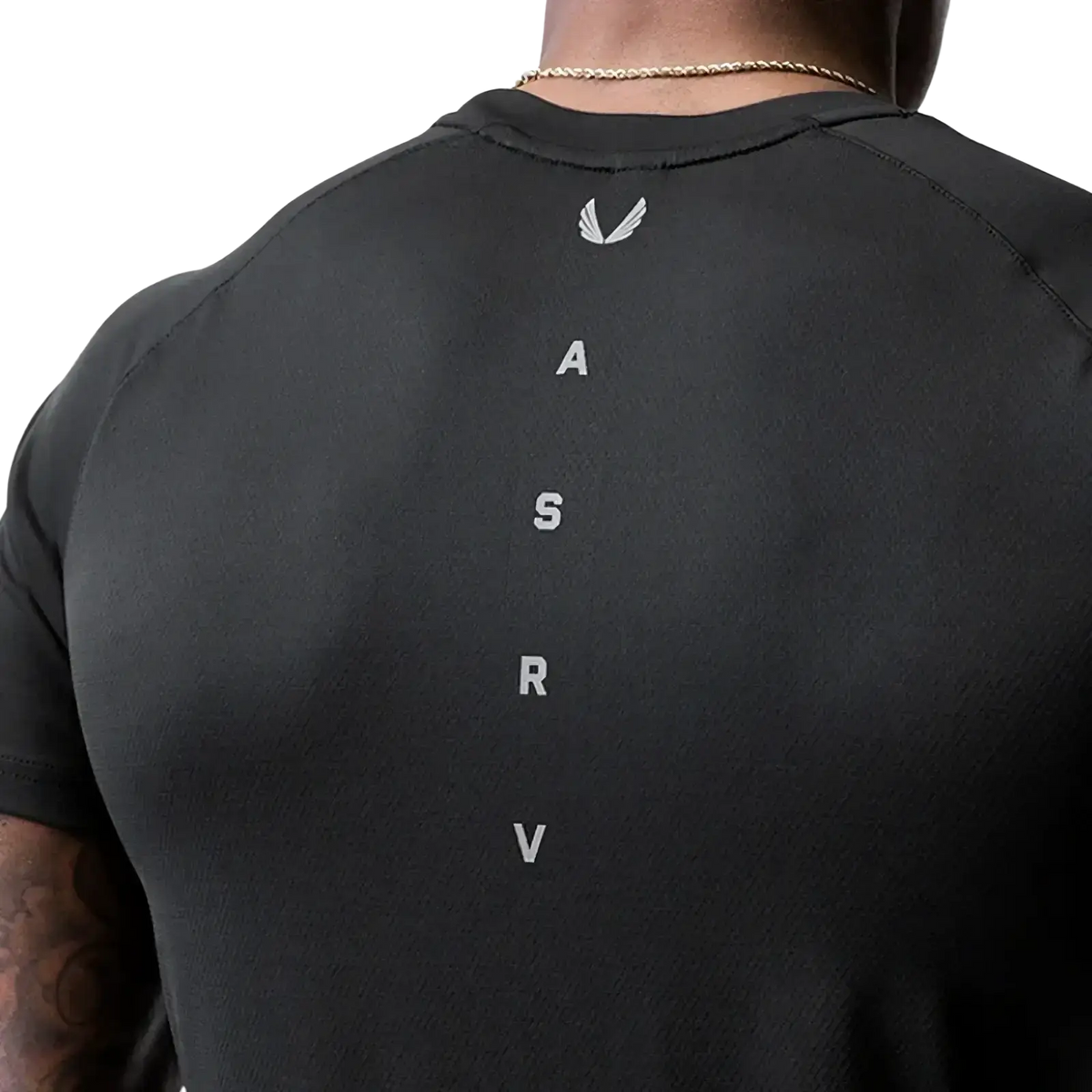Black asrv men’s quick dry fitness t-shirt with white vertical lettering and wing logo on front for dry fitness use