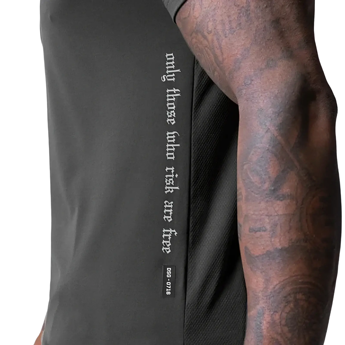 Asrv men’s quick dry black athletic tank top with vertical white gothic text and a small black tag below the print